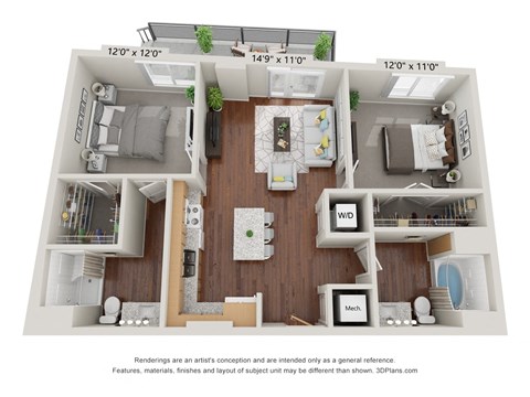 Floor plan for 2 beds, 2 baths, 997 sqft